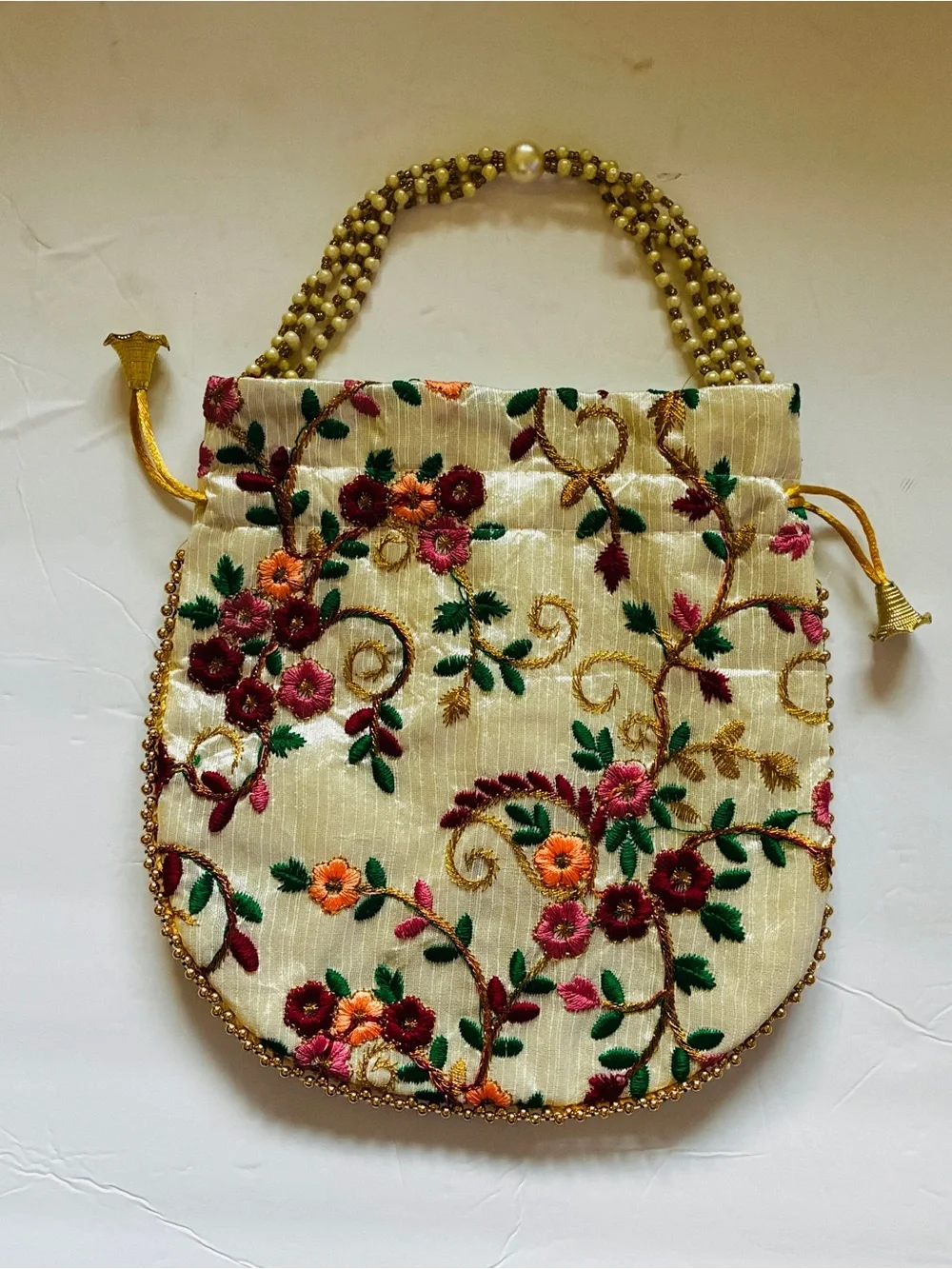 Embroidered Cream Floral Beaded Handle Women's Evening Bag
